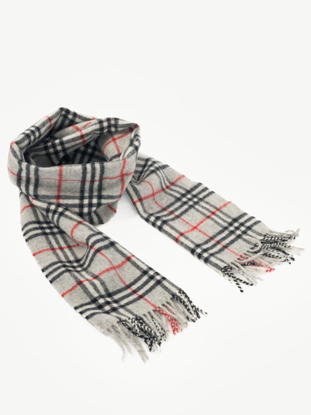 Burberry Grey Check Cashmere-Flannel Fringed Scarf